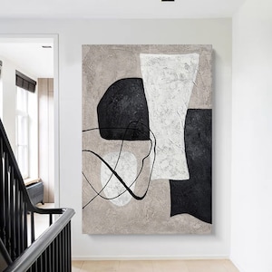 Wabi Sabi pintura pared arte negro blanco pintura abstracta negro minimalista lienzo arte gran pared neutral decoración rica pintura de lienzo texturizado
