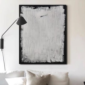 Gran pintura abstracta en blanco y negro sobre lienzo Arte de pared Wabi Sabi original Arte de pared blanco Textura negra Decoración de pared neutra minimalista