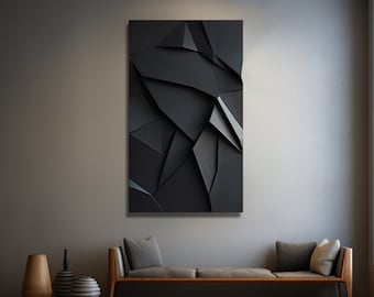 Può includere: Una stampa d'arte geometrica astratta in bianco e nero è appesa a un muro grigio sopra una panca di legno con cuscini grigi.