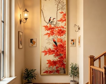Warm Red Autumn Maple Bird Art, Vertical Floral Wall Decor, Cozy Neutral Home Accent