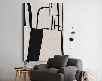 Gran pintura abstracta al óleo: Arte lineal negro, decoración minimalista para el hogar
