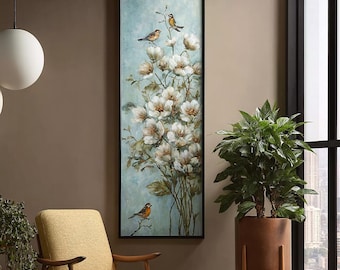 Tall Narrow Magnolia Bird Wall Art, Vertical Vintage Floral Oil Painting, Soft Blue Neutral Entryway Decor