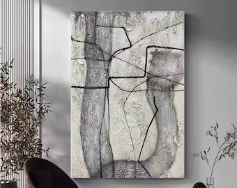 Large Black and White Abstract Painting, Modern Wabi Sabi Wall Art
