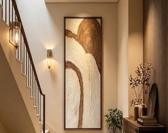 Neutral Brown Wave Textured Abstract Wall Art, Tall Narrow Vertical Impasto Painting, Earth Tone Marble Canvas for Hallway Entryway Decor