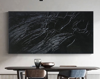 Pintura abstracta minimalista con textura 3D negra de gran tamaño.