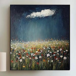 Arte de pared de prado de flores silvestres con textura 3D, pintura floral pastel original sobre lienzo, lienzo inspirado en la naturaleza, arte para sala de estar