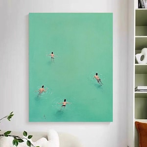 Large swimming painting with light green, unique men swimming oil painting, gift swimming canvas painting, modern living room