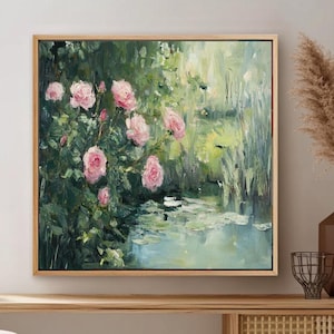 Textured Green Rose Oil Painting: Square Abstract Floral Canvas Art