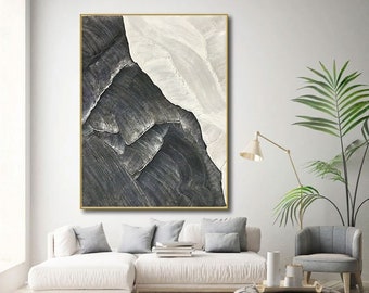 3D Textured Black and White Abstract Painting, Modern Wall Art