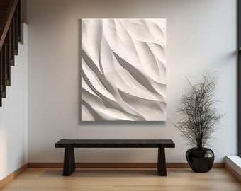 May include: A white abstract wall sculpture with a textured, wavy design hangs on a white wall above a black wooden bench in a modern hallway.
