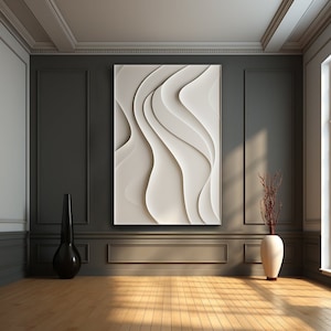 Großer weißer Holz skulpturierter Wandbehang, minimalistische strukturierte Wellenwandkunst für Wohnkultur, moderner Zeitgenosse für Wanddekoration, 3D-Vision