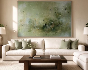 Large Sage Green Abstract Oil Painting, Moss Green Landscape Canvas Art, Horizontal Above Bed Wall Decor, Framed Bedroom Art