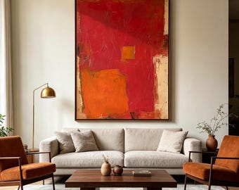 Large Red Abstract Oil Painting, Modern Orange Wall Art, Textured Contemporary Artwork, Oversized Living Room Decor