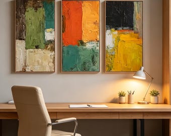 Set of 3 Abstract Wall Art, Colorful Textured Canvas Painting, Modern Geometric Color Block Artwork, Office Living Room Wall Decor
