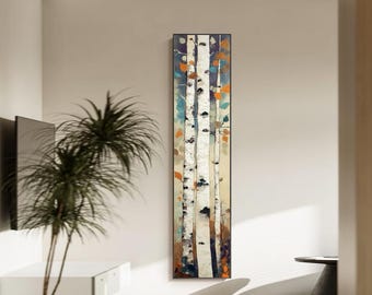 May include: Vertical art piece featuring a stylized depiction of birch trees. The artwork showcases white tree trunks with black markings, set against a backdrop of colorful leaves in shades of orange, blue, and green. The piece is framed in black.
