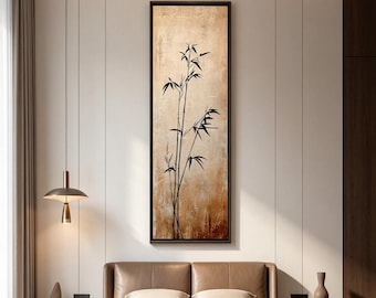 Antique Aged Background Bamboo Wall Art, Slim Vertical Oriental Zen Canvas, Minimalist Long Narrow Entryway Decor, Neutral Japandi Home Art