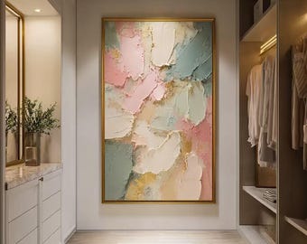 Vertical Blush Sage Impasto Wall Art, Gold Leaf Abstract Canvas Painting