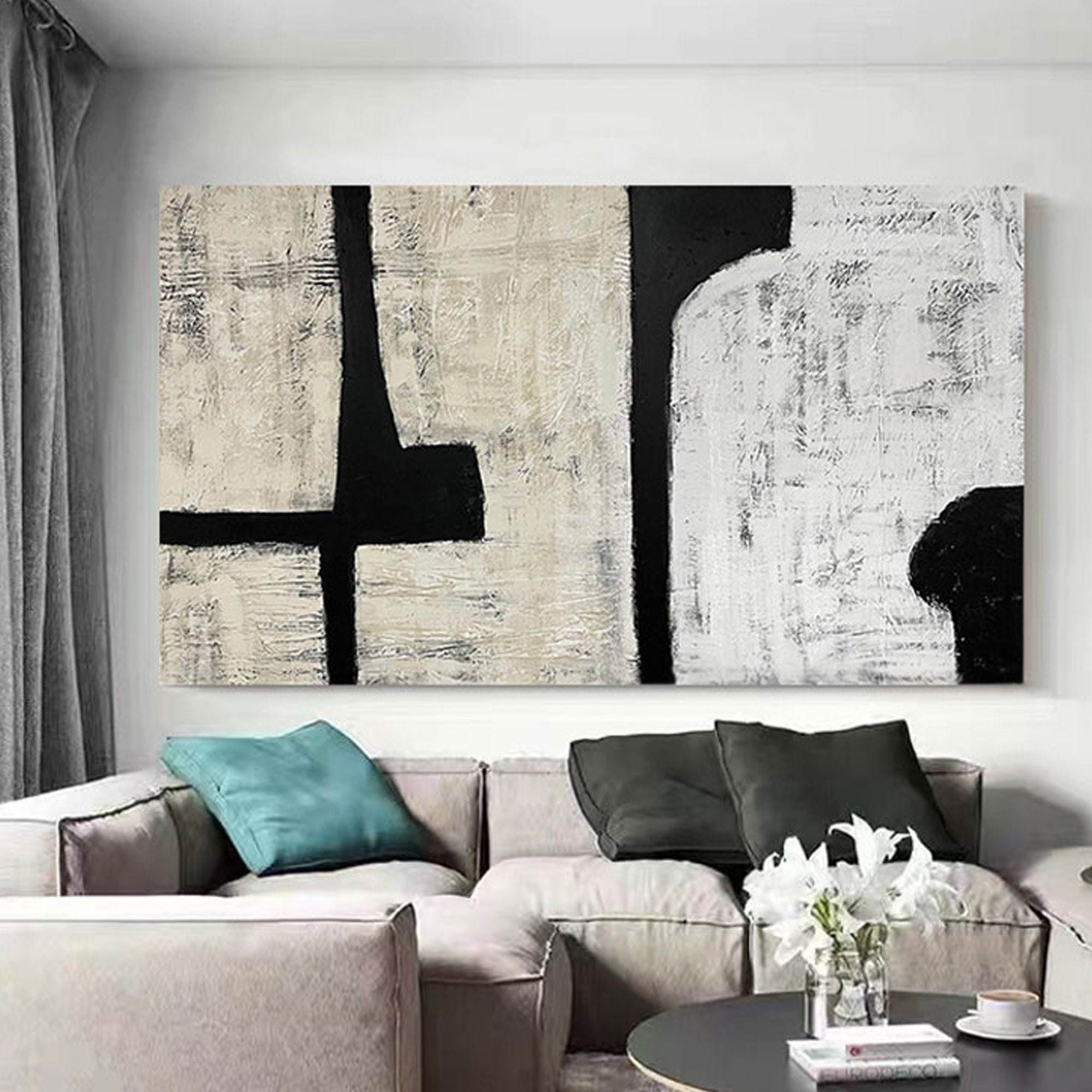 Wabi Sabi Painting Wall Art Beige and Black Abstract Painting on Canvas ...