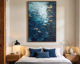 Navy Blue Textured Wave Abstract Wall Art, Impasto Ocean Canvas Painting with Gold Leaf Accents