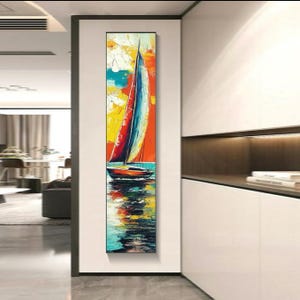 Sailboat Tall Narrow wall art, Vertical Wall Art, Long Vertical Wall Art, Large vertical wall art, Framed Painting, Moving Gifts