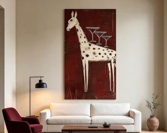 Giraffe Martini Painting, Abstract Giraffe Wall Art, Burgundy Red Large Canvas, Hand Painted Whimsical Animal Art, Home Bar Decor