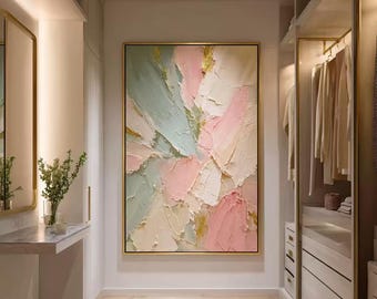 Pastel Pink Green Abstract Wall Art, Gold Leaf Impasto Canvas Painting