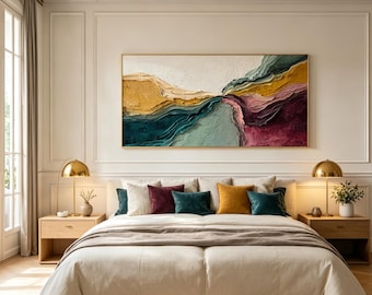 Textured Abstract Landscape Canvas Painting, Teal Burgundy Gold 3D Thick Texture Wall Art, Modern  Wall Decor for Bedroom Living Room