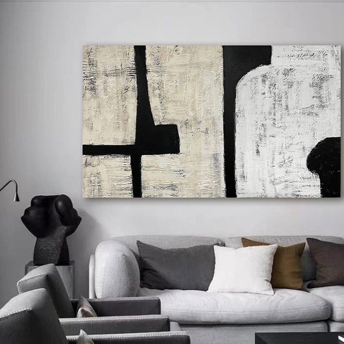 Wabi Sabi Painting Wall Art Beige and Black Abstract Painting on Canvas ...