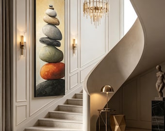 Wabi Sabi Zen Balancing Stones Art, Serene Cairn Vertical Wall Decor, Earth Tone Neutral Painting for Calm & Cozy Spaces
