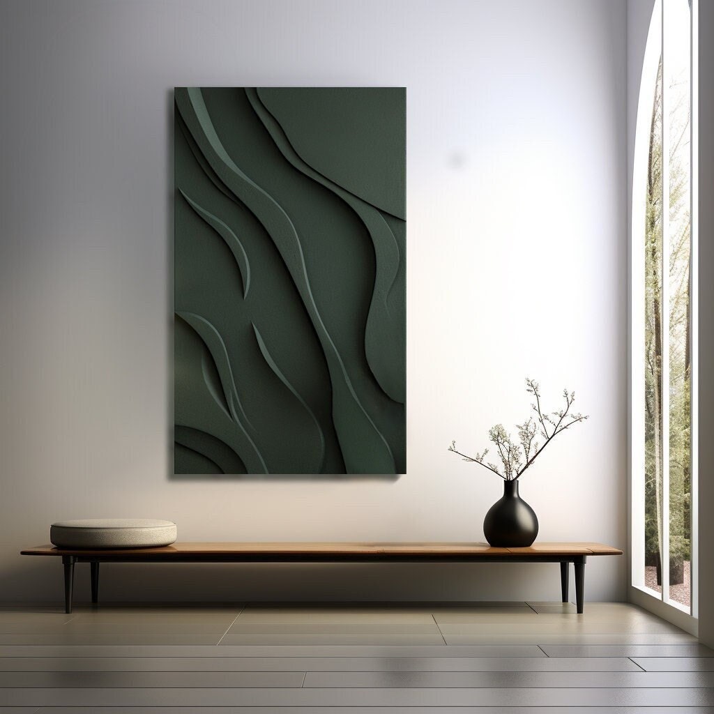 Dark Green Wood Sculptured Wall Hanging With Wave Textured , Minimalist ...