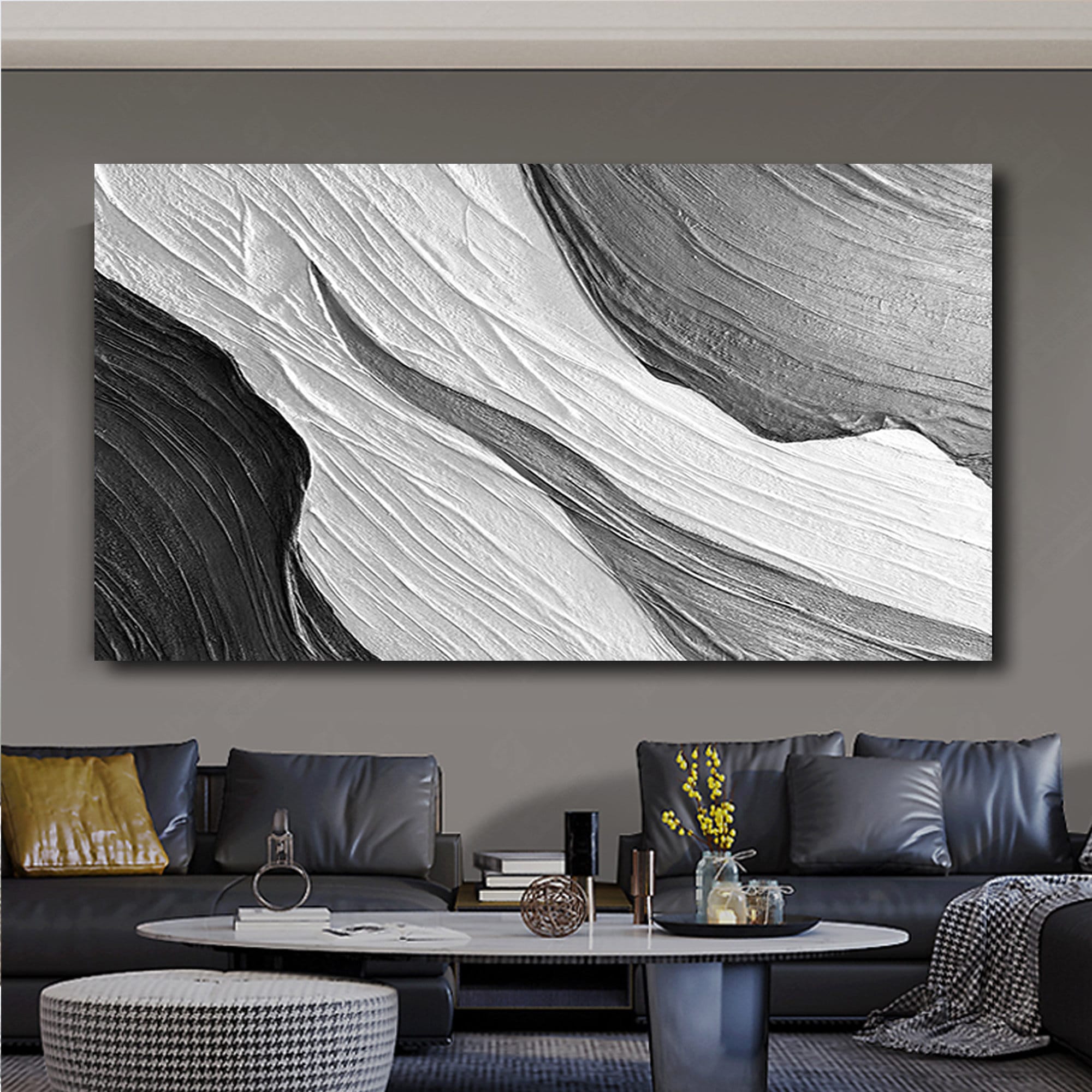 Textured Art Large Oil Abstract Painting Black and White Art Gray