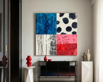 Scandinavian Abstract Collage Art, Four Panel Geometric Botanical Wall Painting, Fresh Teal Blue Green Tone Canvas Art, Minimalist Home Art