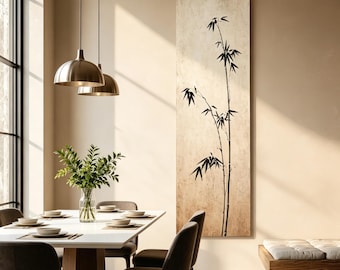 Japandi Wabi Sabi Bamboo Wall Art, Long Narrow Vertical Textured Oil Painting, Asian Minimalist Dining Room Decor