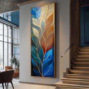 Colorful Leaf Wall Art Vertical Painiting, Tall and Thin Canvas wall art, Tree Wall art, Vertical Wall Art, Long Vertical Wall Art