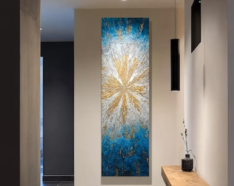 Hallway Entryway Long Narrow Wall Art, Blue Gold Firework Abstract Vertical Painting, Starburst Textured Canvas Framed Decor