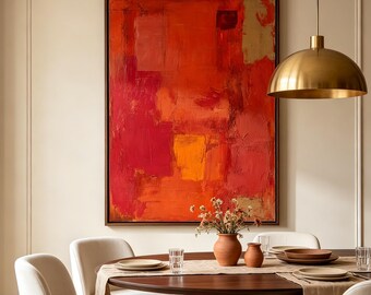 Oversized Red Orange Abstract Painting, Textured Modern Wall Art, Contemporary Dining Room Decor
