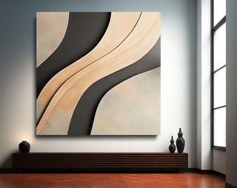 Può includere: Stampa d'arte astratta con un design moderno che presenta linee curve in tonalità beige e nero. La stampa è esposta su una parete sopra un tavolo console in legno scuro.