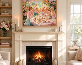 Women Dinner Party Painting, Friends Toasting Wall Art, Impressionist Garden Gathering Painting Above Fireplace Decor