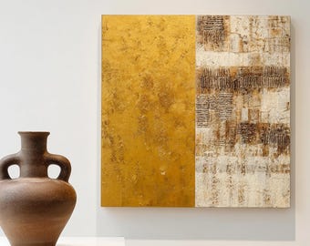 Luxury Gold & Neutral Abstract Art, Textured Impasto Square Wall Decor, Vintage Wabi Sabi Canvas for Modern Elegant Home