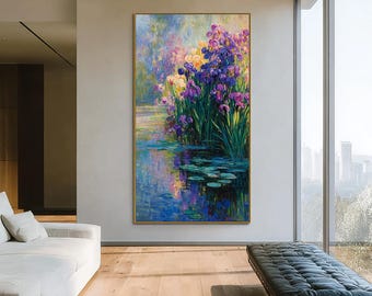 Iris Blue Purple Impressionist  Pond Floral Oil Painting ,Statement Wall Art