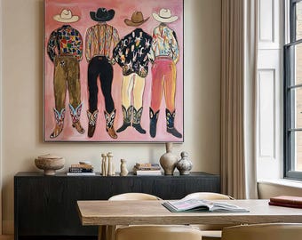 Western Cowboy Oil Painting, Colorful Figurative Wall Art, Rustic Home Decor