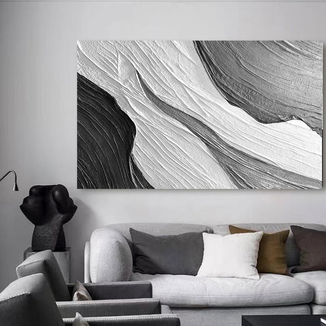 Textured Art Large Oil Abstract Painting Black and White Art Gray