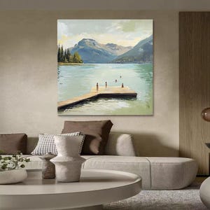 Green Abstract Landscape Oil Painting Lake Canvas Art Vintage Landscape Countryside Painting Textured Swimming Painting Farmhouse Wall Art