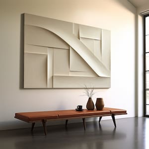 Mid-century moderne Wandkunst, großformatige, beige Hintergrund mit abstrakten Formen, 3D Wandskulptur, Wohnkultur