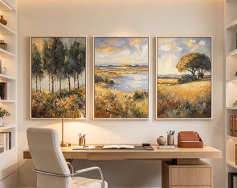 Tree and Lake Scenery Wall Art Set, Vintage Landscape Canvas