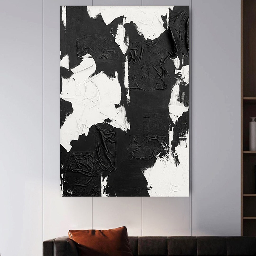 Large Black and White Abstract Painting, Modern Minimalist Texture ...