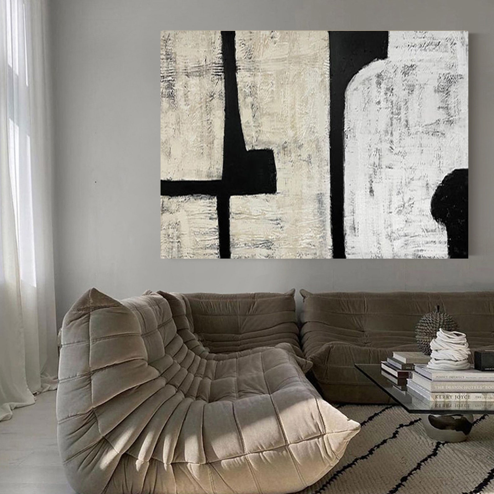 Wabi Sabi Painting Wall Art Beige and Black Abstract Painting on Canvas ...
