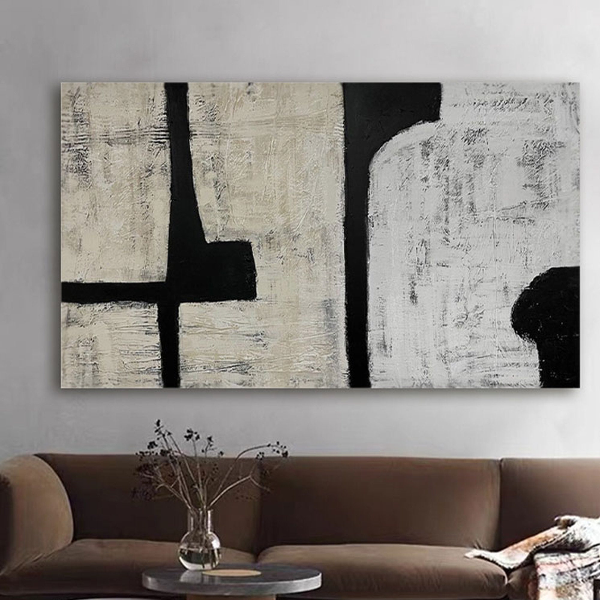 Wabi Sabi Painting Wall Art Beige and Black Abstract Painting on Canvas ...