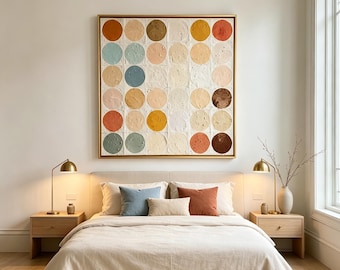 Tableau abstrait texturé sur toile carrée, style bohème aux tons naturels, décoration murale moderne et neutre pour chambre à coucher