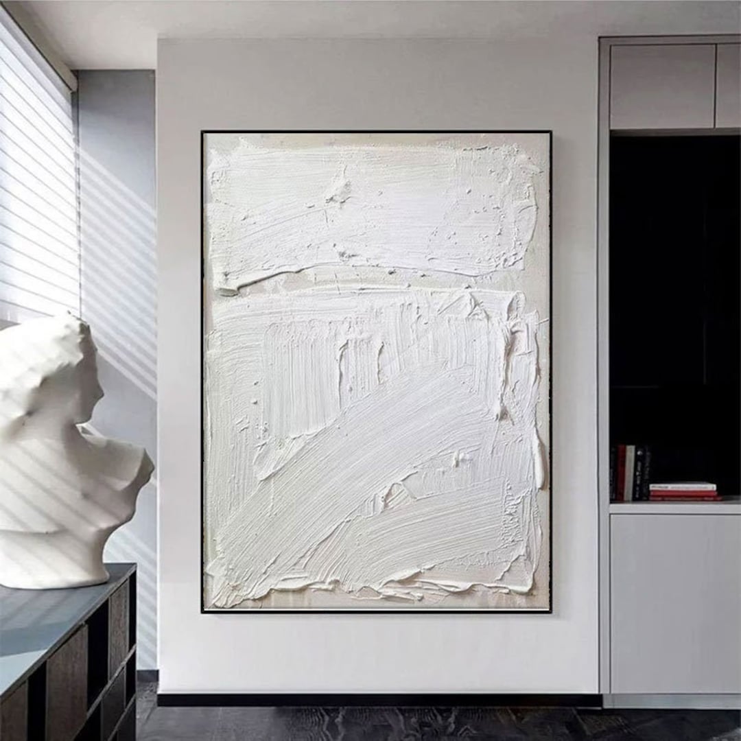 Pure White 3D Minimalist Painting on Canvas Large White Art White 3D Texture Wall Art Neutral